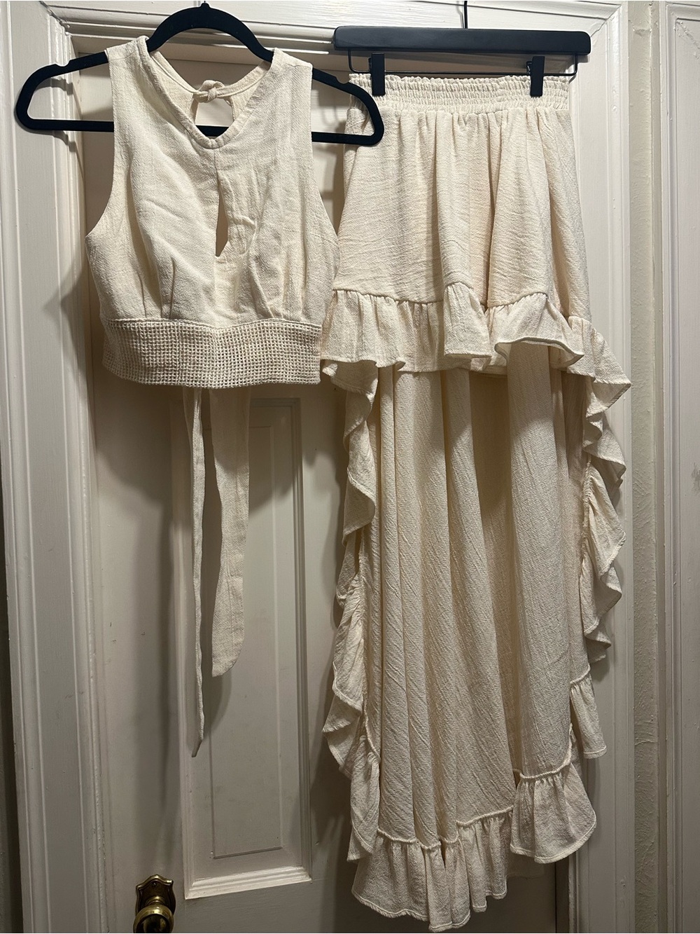Cream Ruffled Two-Piece Set - Crop Top & High-Low Skirt